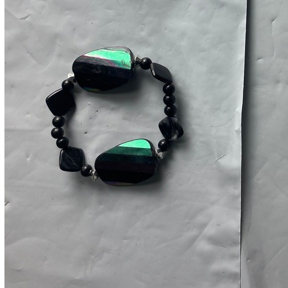 Jewelry - Black Beaded Stretch Bracelet with Green Accent Stones